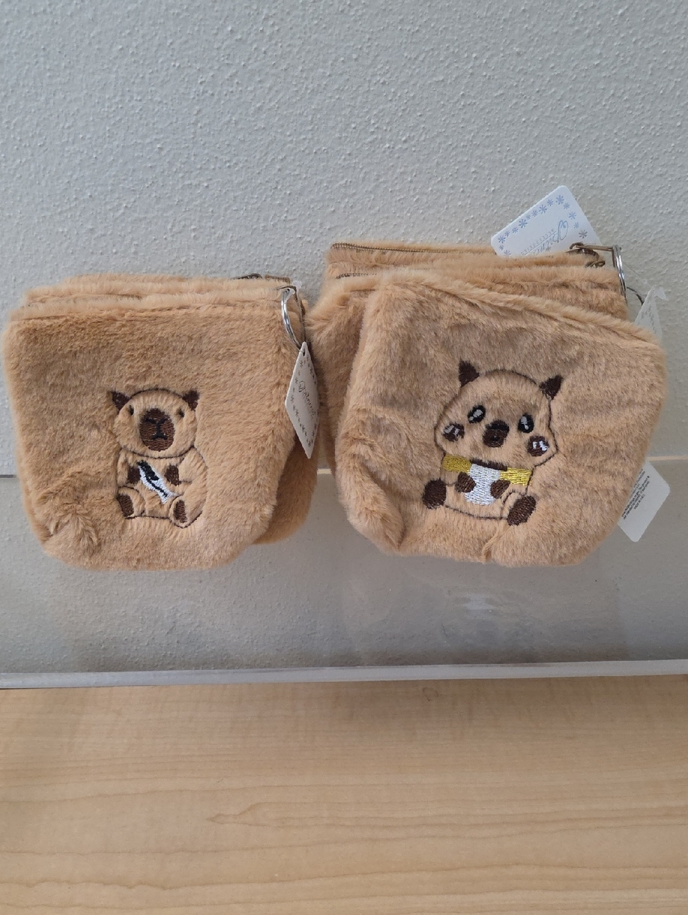Plush Tan Animal Coin & Card Pouch - Soft Keyring Wallet Set Of 7